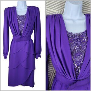 Vintage 80 90s Beaded Sequin Dress size 8/10 alt Party Drape Front Midi Purple